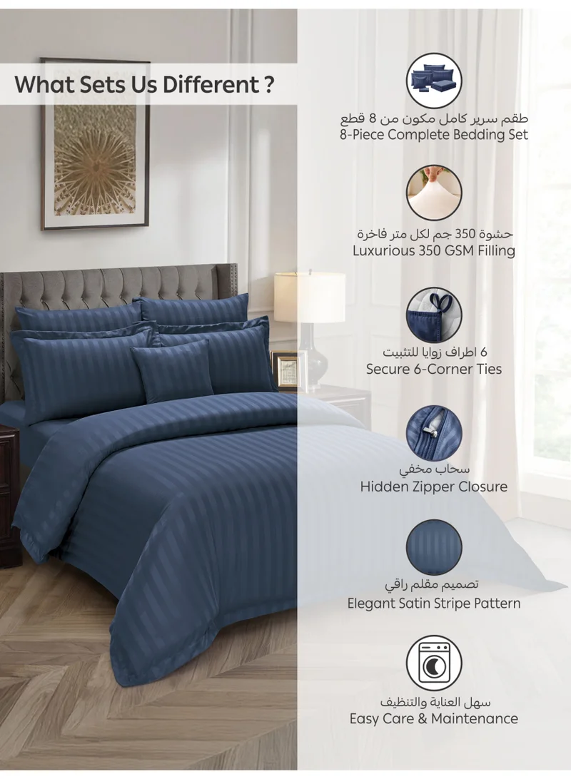 Donetella Mood Indigo Hotel Striped Comforter Set, Fits 200x200 cm Size Bed, Removable Duvet Filler Included, 8-Pcs King Size, 350 GSM Filling.  | Best Price UAE